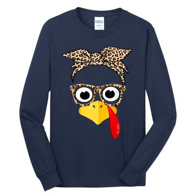 Funny Thanksgiving Turkey Face Leopard Glasses Family Costume Tall Long Sleeve T-Shirt