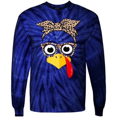 Funny Thanksgiving Turkey Face Leopard Glasses Family Costume Tie-Dye Long Sleeve Shirt