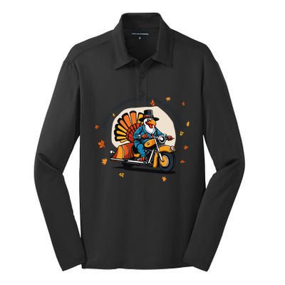 Funny Turkey Thanksgiving Slogan Funny Motorbiker Turkey Quote Funny Thanksgivin Silk Touch Performance Long Sleeve Polo