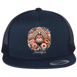 Floral Turkey Thankful Thanksgiving Flowers Gobble Gobble Meaningful Gift Flat Bill Trucker Hat