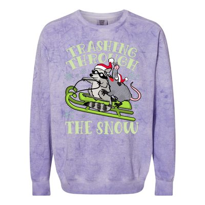 Funny Trashing Through The Snow Sleding Raccoon And Opossum Colorblast Crewneck Sweatshirt