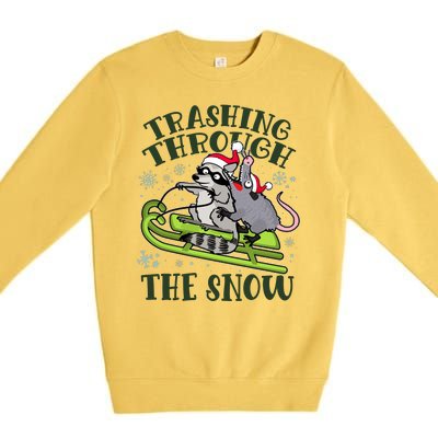 Funny Trashing Through The Snow Sleding Raccoon And Opossum Premium Crewneck Sweatshirt