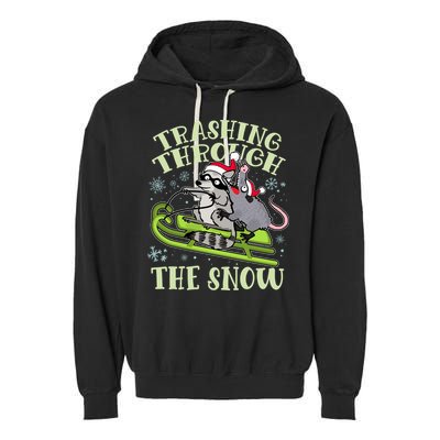 Funny Trashing Through The Snow Sleding Raccoon And Opossum Garment-Dyed Fleece Hoodie
