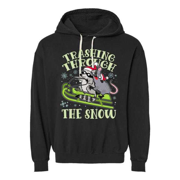 Funny Trashing Through The Snow Sleding Raccoon And Opossum Garment-Dyed Fleece Hoodie