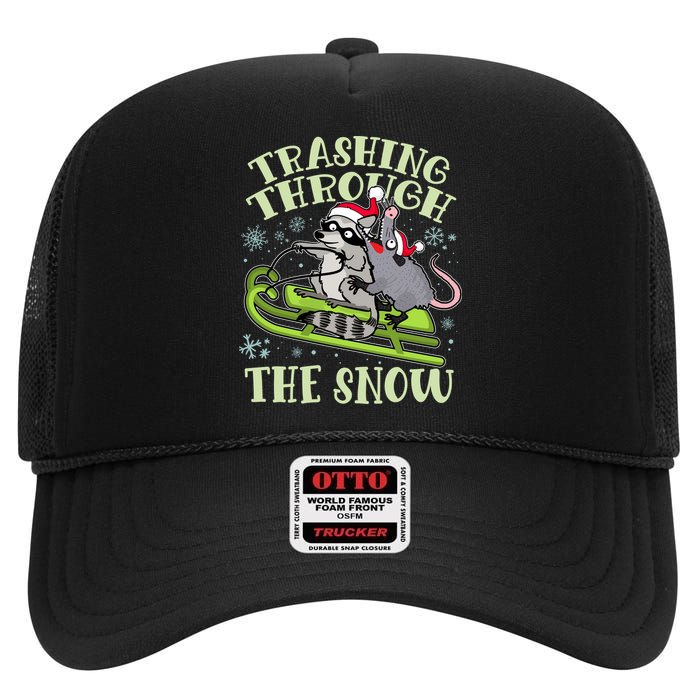 Funny Trashing Through The Snow Sleding Raccoon And Opossum High Crown Mesh Back Trucker Hat