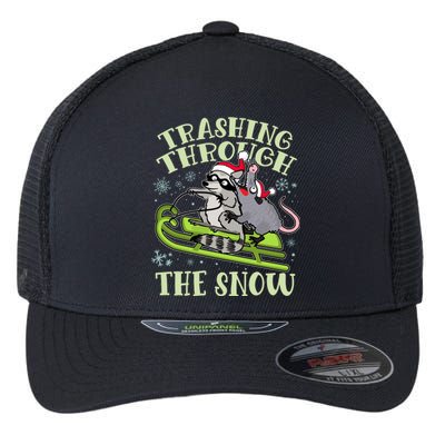 Funny Trashing Through The Snow Sleding Raccoon And Opossum Flexfit Unipanel Trucker Cap