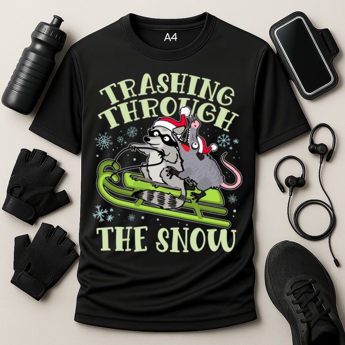 Funny Trashing Through The Snow Sleding Raccoon And Opossum Cooling Performance Crew T-Shirt