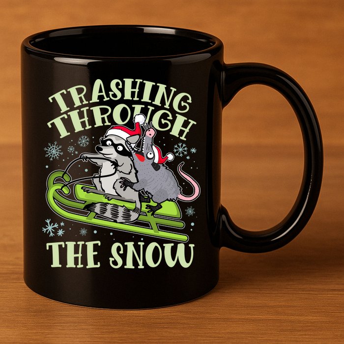 Funny Trashing Through The Snow Sleding Raccoon And Opossum 11oz C Handle Ceramic Mug