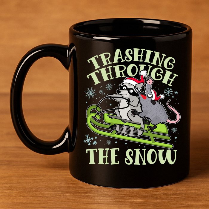 Funny Trashing Through The Snow Sleding Raccoon And Opossum 11oz C Handle Ceramic Mug