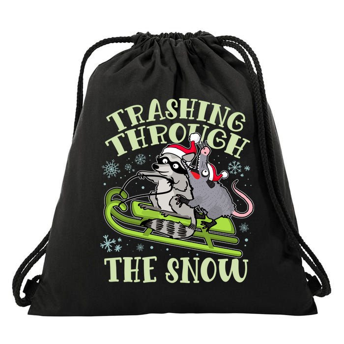 Funny Trashing Through The Snow Sleding Raccoon And Opossum Drawstring Bag