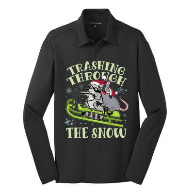 Funny Trashing Through The Snow Sleding Raccoon And Opossum Silk Touch Performance Long Sleeve Polo