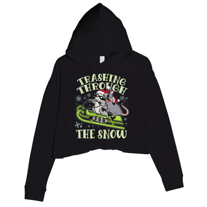 Funny Trashing Through The Snow Sleding Raccoon And Opossum Crop Fleece Hoodie