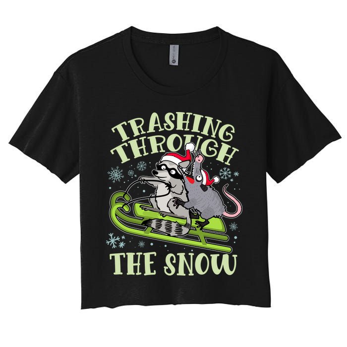 Funny Trashing Through The Snow Sleding Raccoon And Opossum Crop Top