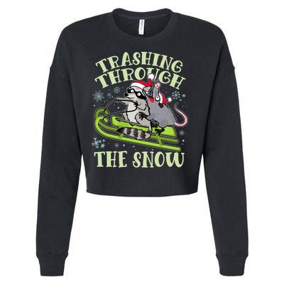 Funny Trashing Through The Snow Sleding Raccoon And Opossum Cropped Pullover Crew