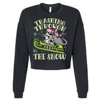 Funny Trashing Through The Snow Sleding Raccoon And Opossum Cropped Pullover Crew