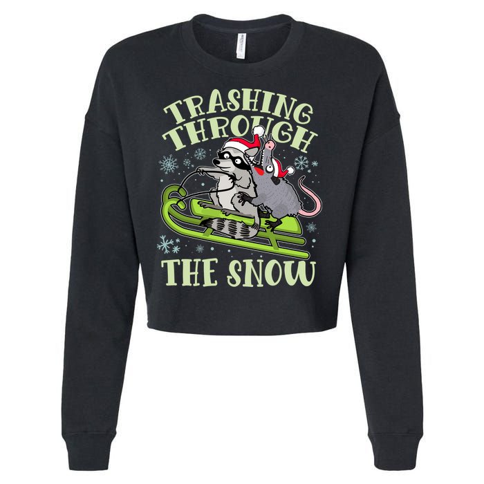 Funny Trashing Through The Snow Sleding Raccoon And Opossum Cropped Pullover Crew