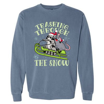 Funny Trashing Through The Snow Sleding Raccoon And Opossum Garment-Dyed Sweatshirt