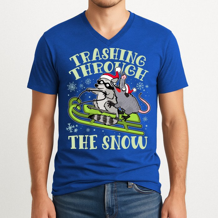 Funny Trashing Through The Snow Sleding Raccoon And Opossum V-Neck T-Shirt