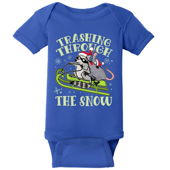 Funny Trashing Through The Snow Sleding Raccoon And Opossum Baby Bodysuit