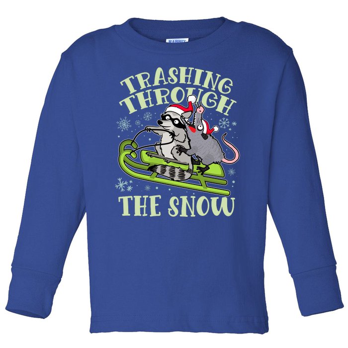 Funny Trashing Through The Snow Sleding Raccoon And Opossum Toddler Long Sleeve Shirt