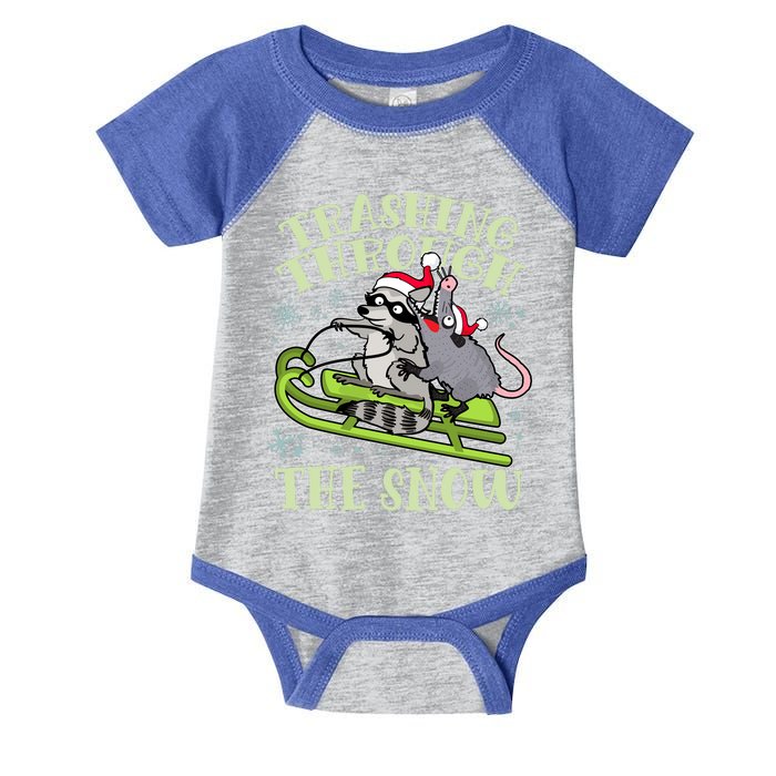 Funny Trashing Through The Snow Sleding Raccoon And Opossum Infant Baby Jersey Bodysuit