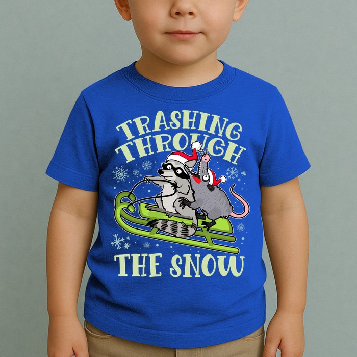 Funny Trashing Through The Snow Sleding Raccoon And Opossum Toddler T-Shirt