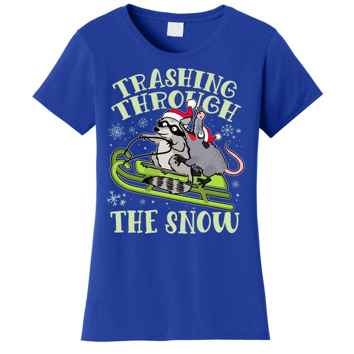 Funny Trashing Through The Snow Sleding Raccoon And Opossum Women's T-Shirt