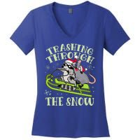 Funny Trashing Through The Snow Sleding Raccoon And Opossum Women's V-Neck T-Shirt