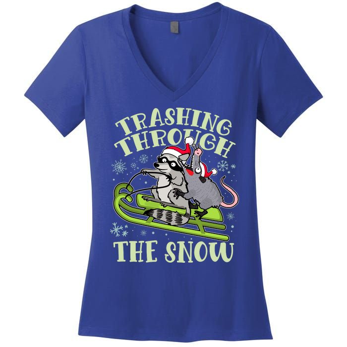 Funny Trashing Through The Snow Sleding Raccoon And Opossum Women's V-Neck T-Shirt