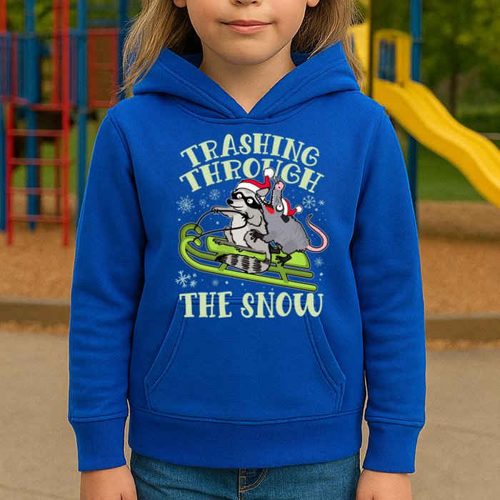 Funny Trashing Through The Snow Sleding Raccoon And Opossum Kids Hoodie