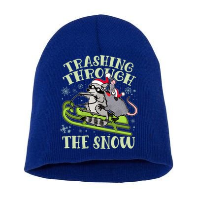 Funny Trashing Through The Snow Sleding Raccoon And Opossum Short Acrylic Beanie