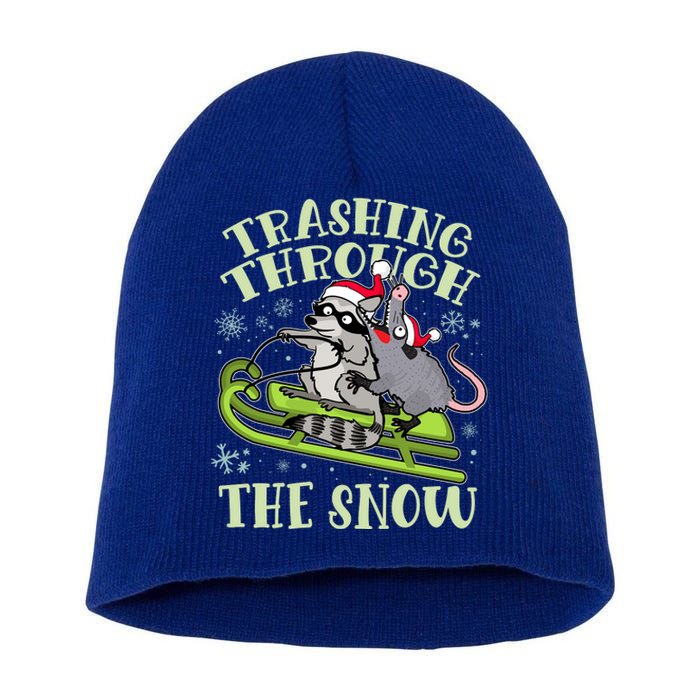 Funny Trashing Through The Snow Sleding Raccoon And Opossum Short Acrylic Beanie