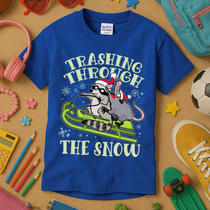 Funny Trashing Through The Snow Sleding Raccoon And Opossum Kids T-Shirt