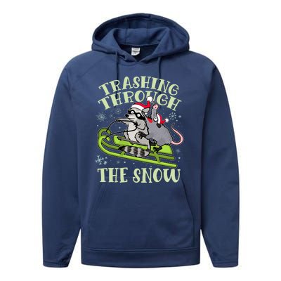 Funny Trashing Through The Snow Sleding Raccoon And Opossum Performance Fleece Hoodie