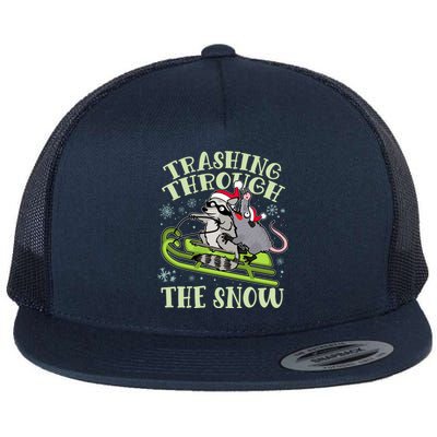 Funny Trashing Through The Snow Sleding Raccoon And Opossum Flat Bill Trucker Hat