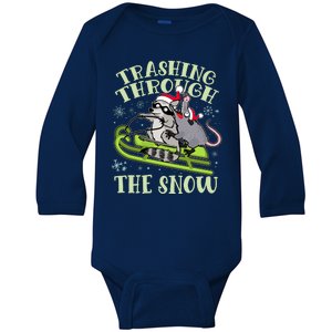 Funny Trashing Through The Snow Sleding Raccoon And Opossum Baby Long Sleeve Bodysuit