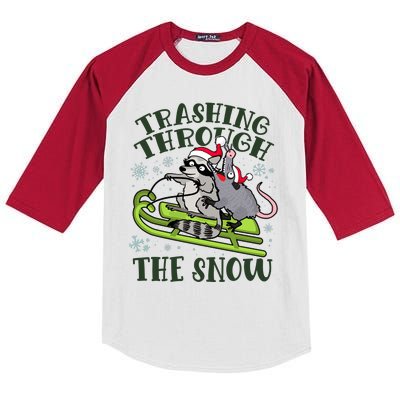 Funny Trashing Through The Snow Sleding Raccoon And Opossum Kids Colorblock Raglan Jersey