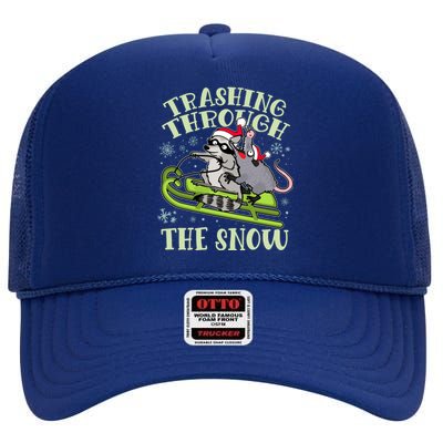 Funny Trashing Through The Snow Sleding Raccoon And Opossum High Crown Mesh Back Trucker Hat