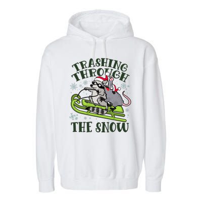 Funny Trashing Through The Snow Sleding Raccoon And Opossum Garment-Dyed Fleece Hoodie