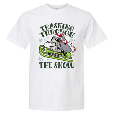 Funny Trashing Through The Snow Sleding Raccoon And Opossum Garment-Dyed Heavyweight T-Shirt