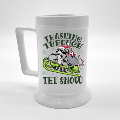 Funny Trashing Through The Snow Sleding Raccoon And Opossum Beer Stein