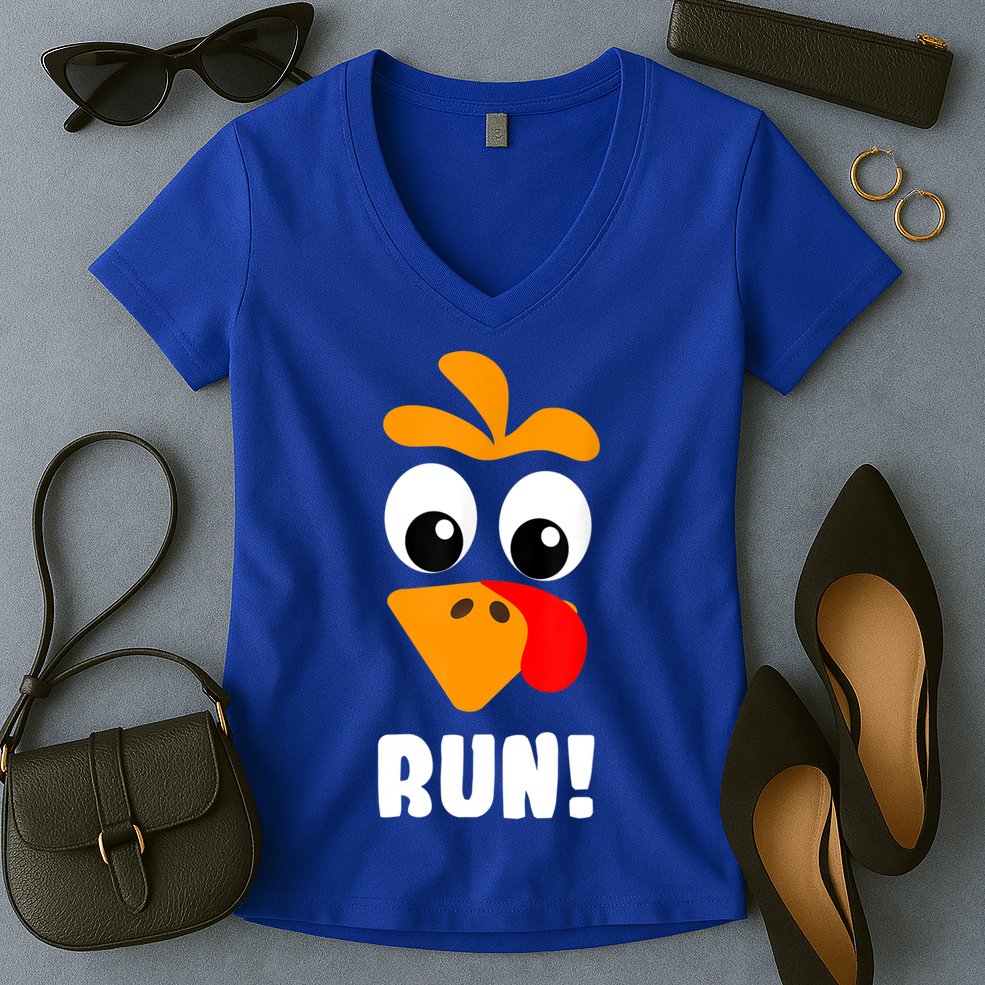 Funny Turkey Trot Adult Running Costume Turkey Face Women's V-Neck T-Shirt