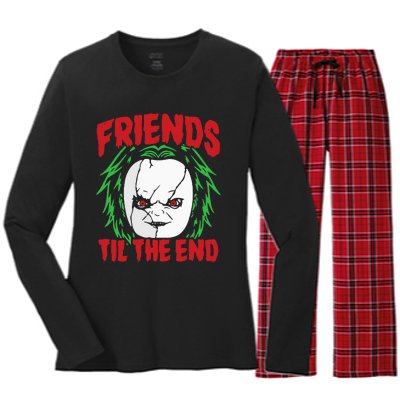 Friends Till The End Lazy Halloween Costume Horror Movie Women's Long Sleeve Flannel Pajama Set 