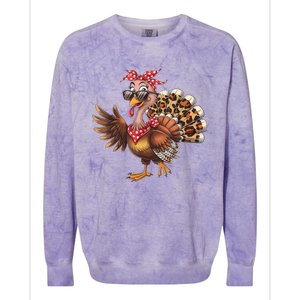 Funny Thanksgiving Turkey Women Girl Leopard Colorblast Crewneck Sweatshirt