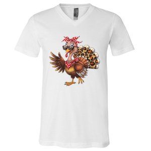 Funny Thanksgiving Turkey Women Girl Leopard V-Neck T-Shirt