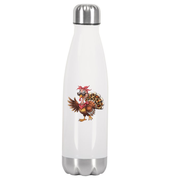 Funny Thanksgiving Turkey Women Girl Leopard Stainless Steel Insulated Water Bottle