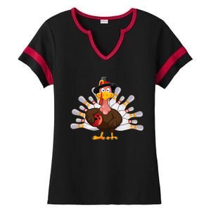 Funny Thanksgiving Turkey Bowling Pin Matching Team Ladies Halftime Notch Neck Tee