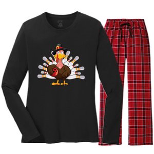 Funny Thanksgiving Turkey Bowling Pin Matching Team Women's Long Sleeve Flannel Pajama Set 