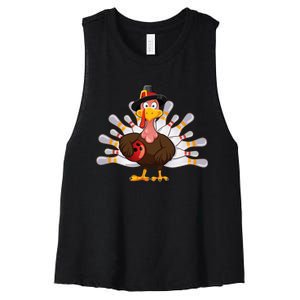 Funny Thanksgiving Turkey Bowling Pin Matching Team Women's Racerback Cropped Tank