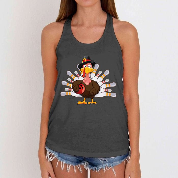 Funny Thanksgiving Turkey Bowling Pin Matching Team Women's Knotted Racerback Tank